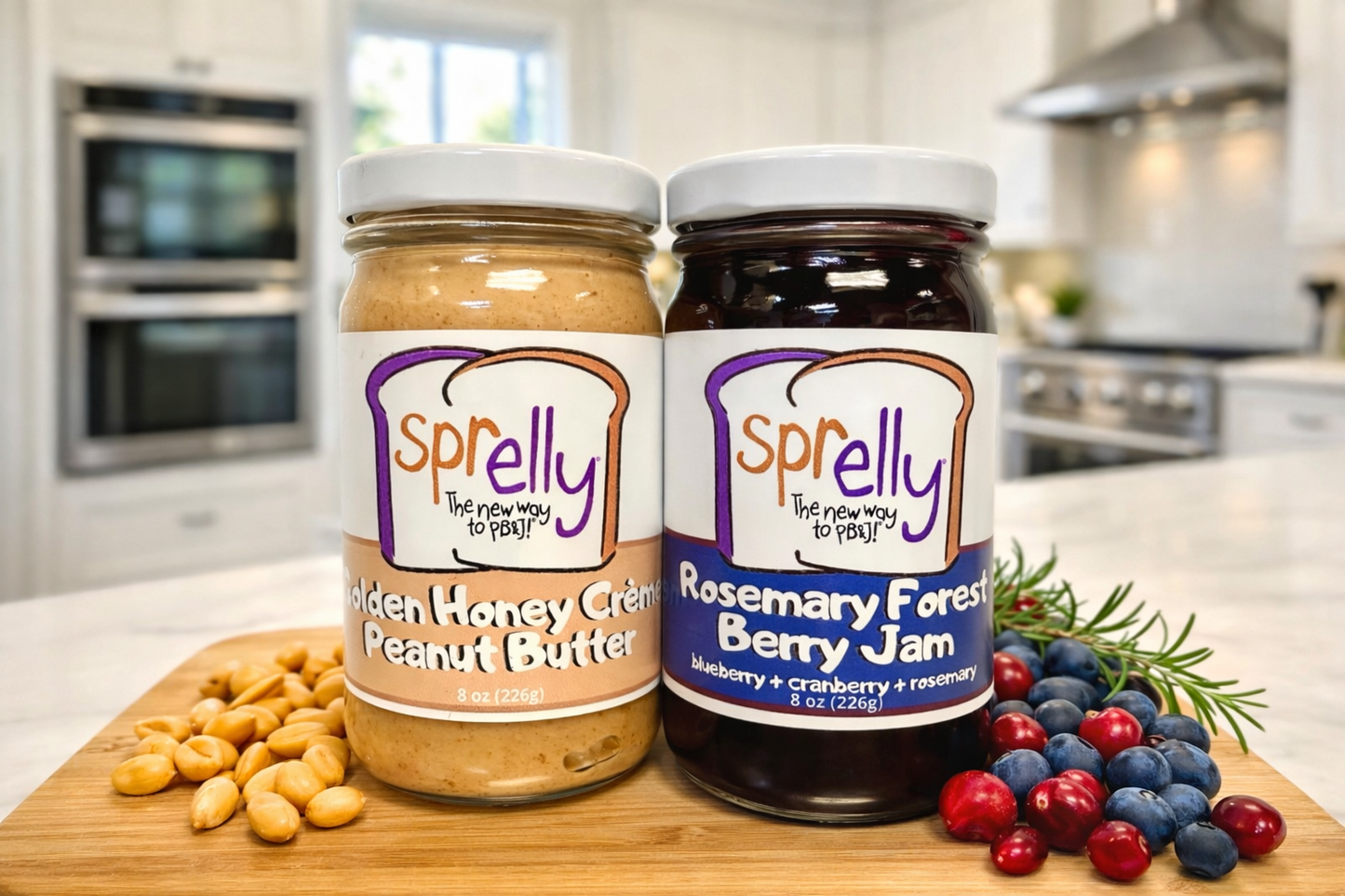 Golden Honey Crème Peanut Butter + Rosemary Forest Berry Jam